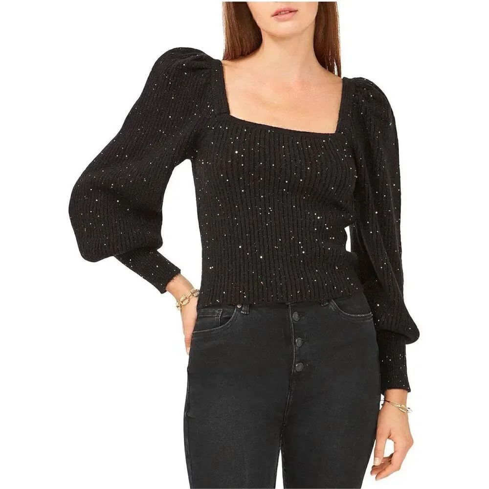 1.STATE Long Sleeve Square Neck Sweater Sparkle Size S